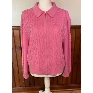 St. John Sport Pink Cable Knit Barbiecore Full Gold Zip Closure Sweater Size XL